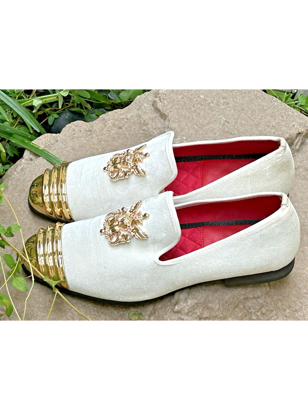 Meijiana Velvet  Loafers Gold Crest Ivory Beige Dress Shoes Prom Wedding Size 12
